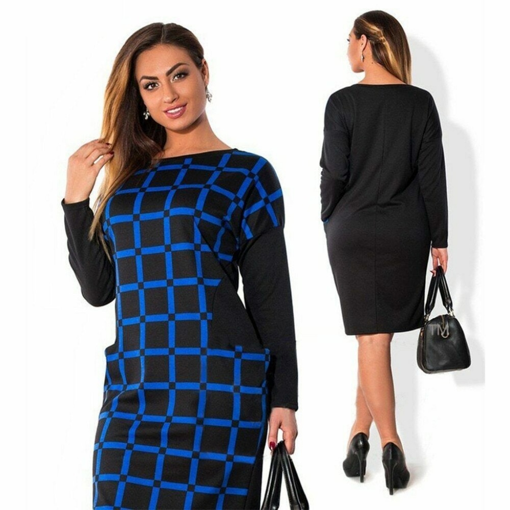 Blue & Black Casual O-Neck Plaid Office Dress (2XL